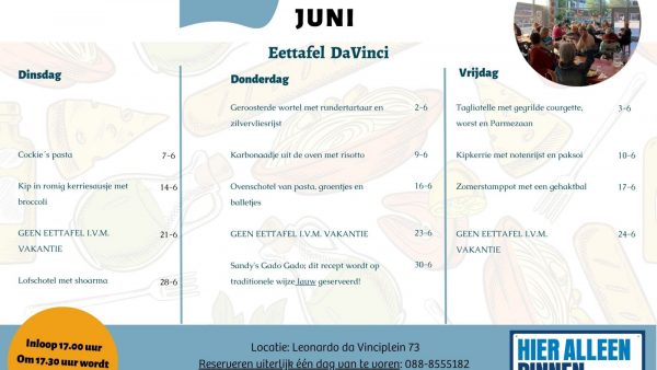 Wederom een mooie menukaart samengesteld door de vrijwilligers! De maand Juni deze keer.